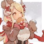  1girl animal_on_head blonde_hair blush_stickers boar breath brown_eyes coat dark_skin draph earrings food granblue_fantasy hat highres horn_ornament horn_ribbon jewelry kokemoco kuvira_(granblue_fantasy) long_hair mouth_hold on_head open_mouth outdoors piglet pink_hair pointy_ears ribbon scarf snowing solo taiyaki wagashi 