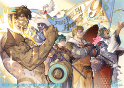  1girl abs animal_ears armor askr_(fire_emblem) askr_(new_year)_(fire_emblem) axe battle_axe beak beard biceps bird blonde_hair blue_eyes brown_eyes brown_hair cape closed_mouth cow_horns crossed_arms dark-skinned_male dark_skin eikthyrnir_(fire_emblem) eikthyrnir_(resolved_to_train)_(fire_emblem) embla_(fire_emblem) embla_(new_year)_(fire_emblem) ephraim_(fire_emblem) ephraim_(sacred_twin_lord)_(resplendent)_(fire_emblem) eyepatch facial_hair feh_(fire_emblem_heroes) fire_emblem fire_emblem:_the_sacred_stones fire_emblem:_three_houses fire_emblem_heroes flag flying full_armor full_beard fur-trimmed_kimono fur_trim gold_trim green_hair holding holding_axe holding_flag holding_umbrella horns japanese_clothes jeralt_reus_eisner kimono lace-trimmed_eyepatch large_pectorals long_hair long_sleeves male_focus mask mature_male mouth_mask multiple_boys muscular muscular_male nishiki_areku official_alternate_costume official_art oil-paper_umbrella open_mouth orange_tunic owl pale_skin pectorals red_cape red_eyes red_kimono short_hair smile tunic umbrella weapon white_hair white_kimono wings 