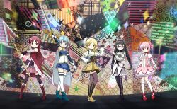  3d 5girls abstract_background akemi_homura antenna_hair argyle_clothes argyle_footwear arm_up armlet artist_request back_bow back_ribbon bare_shoulders belt belt_buckle beret black_boots black_bow black_capelet black_corset black_gloves black_hair black_hairband black_hat black_shirt black_thighhighs black_wrist_cuffs blonde_hair blue_belt blue_boots blue_eyes blue_gem blue_hair blue_shirt blue_skirt blue_sleeves boots bow bow_(weapon) bow_choker bowtie braid bubble_skirt buckle buttons cape capelet center_frills chest_jewel choker closed_mouth clothing_cutout collared_cape collared_capelet collared_dress collared_shirt commentary corset detached_sleeves diamond_button dot_nose dress dress_bow drill_hair english_commentary fingerless_gloves flower_hairpin footwear_bow fortissimo frilled_dress frilled_shirt frilled_skirt frilled_sleeves frilled_socks frills full_body game_cg gem glasses gloves gold_buckle gold_buttons grey_skirt grey_sleeves grey_thighhighs gun hair_between_eyes hair_bobbles hair_bow hair_ornament hairband hairclip hand_jewel hand_on_own_hip hand_up happy hat hat_feather high_collar high_heel_boots high_heels high_ponytail highres holding holding_bow_(weapon) holding_pole holding_sword holding_weapon holy_quintet jewelry kaname_madoka knee_boots kneehighs knees large_bow legs_apart light_blush light_particles long_hair long_sleeves looking_at_viewer low_twin_braids magical_girl magical_musket_(madoka_magica) mahou_shoujo_madoka_magica mahou_shoujo_madoka_magica:_hangyaku_no_monogatari mahou_shoujo_madoka_magica_magia_exedra mary_janes miki_sayaka miniskirt multicolored_boots multiple_girls musical_note musical_note_hair_ornament official_art patchworks pink_bow pink_dress pink_eyes pink_gem pink_hair pink_skirt pleated_skirt pole polearm ponytail puffy_long_sleeves puffy_short_sleeves puffy_sleeves purple_bow purple_capelet purple_gem red-framed_eyewear red_boots red_bow red_choker red_dress red_eyes red_hair red_shoes ribbon sakura_kyoko shield shirt shirt_under_dress shoes short_dress short_hair short_sleeves short_twintails skirt skirt_under_dress sleeveless sleeveless_dress smile socks sparkle spear square_neckline standing stomach_cutout stomach_jewel strapless strapless_shirt striped_clothes striped_thighhighs sword tailcoat tareme thigh-highs thigh_belt thigh_boots thigh_strap third-party_source tomoe_mami tsurime twin_braids twin_drills twintails two-tone_boots two-tone_capelet two-tone_shirt vertical-striped_clothes vertical-striped_thighhighs very_long_hair violet_eyes weapon weapon_on_back white_cape white_dress white_gloves white_ribbon white_shirt white_skirt white_sleeves white_socks white_thighhighs wrist_cuffs yellow_boots yellow_bow yellow_bowtie yellow_eyes yellow_skirt zettai_ryouiki 