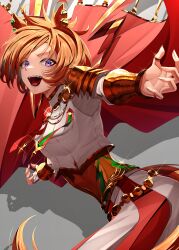  1girl absurdres amekudaki animal_ears breasts cape commentary commentary_request ear_ornament fingerless_gloves gloves gold_corset hair_between_eyes highres horse_ears horse_girl horse_tail jewelry long_sleeves looking_at_viewer medium_breasts open_mouth orange_hair orange_tail pink_cape shirt short_hair single_fingerless_glove skirt smile solo t.m._opera_o_(o_sole_suo!)_(umamusume) t.m._opera_o_(umamusume) tail teeth two-tone_skirt umamusume violet_eyes white_gloves white_shirt 