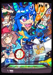  absurdres ahoge animal_ears aqua_hair blue_eyes blue_hair bourbunbun bow braid brown_eyes brown_hair casual crossed_bangs ear_covers ears_through_headwear food from_above glasses hair_ornament hairclip hat heterochromia highres hood hoodie horse_ears horse_girl horse_tail ikuno_dictus_(casual)_(umamusume) ikuno_dictus_(umamusume) jacket long_hair long_sleeves matikanetannhauser_(casual)_(umamusume) matikanetannhauser_(umamusume) medium_hair multicolored_hair multicolored_hoodie nice_nature_(casual)_(umamusume) nice_nature_(umamusume) open_mouth pants pizza playing_games round_eyewear sharp_teeth shirt sidelocks skirt smile snack streaked_hair suspenders sweater tail teeth television turtleneck twin_turbo_(casual)_(umamusume) twin_turbo_(umamusume) twintails umamusume video_game white_shirt yellow_eyes 