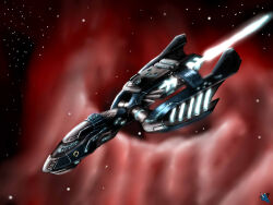  artist_logo cloud_background clouds commentary concept_art english_commentary eve_online flying gallente_federation_(eve_online) glowing highres logo nebula no_humans novafox original outdoors red_background science_fiction space spacecraft star_(sky) starry_sky_background vehicle_focus 