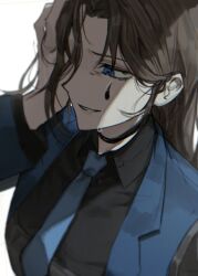  1girl black_choker black_shirt blue_coat blue_eyes blue_necktie brown_hair chanil_(muexlku) choker coat collared_shirt commentary_request crying e.g.o_(project_moon) hand_over_eye hand_up highres korean_commentary lapels limbus_company lobotomy_corporation_(identity)_(project_moon) long_hair necktie notched_lapels parted_lips project_moon rodion_(project_moon) shirt simple_background smile solo the_sword_sharpened_with_tears_(e.g.o) very_long_hair white_background 