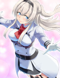  1girl black_hairband black_skirt blue_eyes braid coat commentary_request glorious_(kancolle) gloves grey_hair hairband half_up_braid highres jacket kantai_collection military_uniform nekotarou_(nktr299) outstretched_arms pink_background ponytail skirt solo white_coat white_gloves white_jacket 