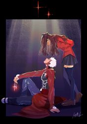  1boy 1girl absurdres archer_(fate) artist_name black_bow black_skirt black_thighhighs blue_eyes bow brown_hair brown_shoes coat dark-skinned_male dark_skin fate_(series) from_side hair_bow hal_(haaaalhal) highres holding holding_jewelry holding_necklace jewelry knee_up loafers long_hair long_sleeves looking_at_another looking_down necklace pleated_skirt red_coat red_shirt rin's_pendant_(fate) shirt shoes short_hair sitting skirt thigh-highs tohsaka_rin two_side_up unworn_jewelry unworn_necklace white_hair 