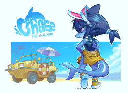  1boy angusburgers blue_hair blue_skin character_name clothes_around_waist colored_skin commentary dolphin_boy english_commentary fins head_fins highres jacket jacket_around_waist lifebuoy male_focus motor_vehicle original piercing ponytail red_eyes shirt sleeveless sleeveless_shirt solo swim_ring tail tail_ornament tail_piercing visor_cap yellow_jacket 