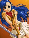  armor asou_yuuko blue_eyes blue_hair long_hair matsudo_aya midriff mugen_senshi_valis orange_background scarf skirt sword weapon 