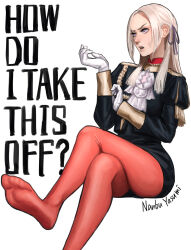  1girl artist_name blonde_hair commentary_request crossed_legs edelgard_von_hresvelg english_text feet fire_emblem fire_emblem:_three_houses foot_focus garreg_mach_monastery_uniform gloves hair_ribbon highres long_hair long_sleeves looking_to_the_side mixed-language_commentary nanbu_yasumi open_mouth pantyhose parted_bangs pink_lips puffy_long_sleeves puffy_sleeves purple_ribbon red_pantyhose ribbon sitting solo sweatdrop upper_body violet_eyes white_gloves 