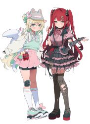  2girls absurdres animal_hat bike_shorts bike_shorts_under_skirt black_gloves black_shoes black_skirt blonde_hair blue_neckerchief blush bow bowtie breasts cat_hat closed_mouth collared_shirt colored_inner_hair commentary commission elbow_gloves fingerless_gloves frilled_skirt frills full_body gloves green_eyes green_hair green_shoes green_sweater_vest grey_hat grey_thighhighs grin hair_between_eyes hair_intakes hands_up hat highres knee_pads kneehighs long_hair long_sleeves looking_at_viewer mary_janes medium_breasts miniskirt multicolored_hair multiple_girls neckerchief original pink_gloves pink_shirt pink_skirt plaid_clothes plaid_neckerchief platform_shoes pleated_skirt red_bow red_bowtie red_hair shirt shoes short_sleeves simple_background single_elbow_glove single_knee_pad skirt smile sneakers socks standing striped_clothes striped_gloves striped_socks suspender_skirt suspenders sweater_vest tanghulu_(bbbb1123112) thigh-highs torn_clothes torn_thighhighs two-tone_skirt two_side_up white_background white_shirt white_socks 