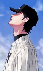  1boy ace_of_diamond adam's_apple baseball_cap baseball_uniform black_hair black_hat blue_sky clouds cloudy_sky commentary_request hat highres korean_commentary male_focus outdoors parted_lips sanada_shunpei short_hair sideburns sky solo sportswear sweat teeth very_sweaty yisorimm 