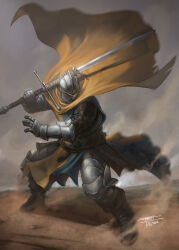  1other armor belt boots brown_belt brown_boots cape chainmail commentary cuisses dated dust_cloud dynamic_pose english_commentary fighting_stance frost_llamzon full_body gauntlets helmet highres holding holding_sword holding_weapon legs_apart motion_blur original other_focus poleyn sand signature standing sword tabard visor_(armor) weapon yellow_cape zweihander 