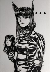  ... 2girls annoyed bordfunker133 breasts buttons commentary_request constantia_cantacuzino double-breasted dress_shirt grete_m._gollob greyscale hair_wings hand_on_own_arm highres leaning_forward long_hair looking_at_another looking_to_the_side monochrome multiple_girls shirt shoulder_boards simple_background small_breasts smile smug strike_witches strike_witches:_aurora_no_majo strike_witches:_suomus_misfits_squadron unamused world_witches_series 