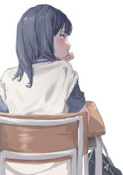  1girl bag black_bag black_hair black_shirt blue_eyes blush chair closed_mouth desk elbow_on_table from_behind gridman_universe highres long_hair looking_to_the_side painapo0731 school_bag school_chair school_desk school_uniform shirt short_sleeves simple_background sitting solo ssss.gridman takarada_rikka vest white_background white_vest 