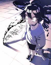  1girl ahoge alternate_costume baseball_bat black_hair blue_sweater commentary_request crying crying_with_eyes_open despair drill_hair footprints foreshortening highres holding holding_baseball_bat holding_stuffed_toy kasane_teto loafers looking_at_viewer medium_hair neck_ribbon niconico_id parted_lips pleated_skirt puddle ribbon shadow shoes signature skirt solo song_name standing stuffed_toy sumiyama_sui sweater tears tile_floor tiles twin_drills utau white_eyes wide-eyed zenbu_yume_datta_(synthesizer_v) 