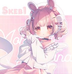 1girl :o animal_ears beret black_choker blush choker commentary_request commission copyright_request flower frilled_sailor_collar frills hair_flower hair_ornament hairclip hat long_sleeves looking_at_viewer parted_lips pink_flower pink_hair pink_sailor_collar pink_skirt puffy_long_sleeves puffy_sleeves rabbit_ears rabbit_hair_ornament red_eyes rinndouk sailor_collar shirt skeb_commission skirt sleeves_past_wrists solo steepled_fingers twitter_username virtual_youtuber watermark white_hat white_shirt 