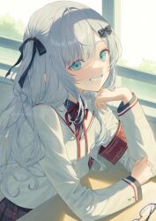  1girl arm_on_table armband black_bow black_ribbon black_shirt black_skirt blue_eyes bow brown_jacket cross_hair_ornament desk elbow_on_table grey_hair grin hair_bow hair_ornament hair_ribbon highres indoors jacket kaga_sumire kaga_sumire_(9th_costume) long_hair long_sleeves looking_at_viewer me_meel neck_ribbon plaid_clothes plaid_skirt pleated_skirt red_armband red_ribbon ribbon school_desk school_uniform shirt skirt smile solo two_side_up unworn_eyewear upper_body vspo! window 