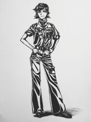  1girl absurdres boots bordfunker133 breasts cargo_pants confident cougar_pattern cougar_pattern_foulard foulard full_body genderswap genderswap_(mtf) greyscale grin hands_on_own_hips hans-joachim_marseille highres looking_at_viewer marseille-chan_(bordfunker133) medium_hair military monochrome nazi original pants real_life reichsadler short_sleeves simple_background small_breasts smile soldier solo watch watch world_war_ii 