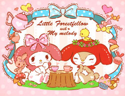  1boy 2girls animal_ears bilingual_commentary bird bow candy character_name checkerboard_cookie chibi chibi_only chibikemo commentary_request cookie cup cupcake english_commentary food furry furry_female furry_male hair_bow head_wreath littleforestfellow mini_person minigirl mixed-language_commentary multiple_girls mushroom my_melody my_melody_(series) pink_bow pipi_(sanrio) pippi_(sanrio) rabbit_boy rabbit_ears rabbit_girl rabbit_tail red_hood remedei ribbon sanrio sentient_stuffed_toy sitting stuffed_animal stuffed_rabbit stuffed_toy tail teacup teapot tree_stump 