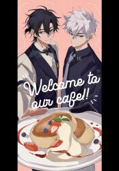  2boys absurdres alternate_costume antenna_hair arm_strap black_bow black_bowtie black_eyes black_gloves black_hair black_pants black_shirt black_vest blue_eyes border bow bowtie cheng_xiaoshi closed_mouth collared_shirt commentary_request cowboy_shot english_text food foooo_goo formal_clothes fruit gloves grey_hair grey_necktie hair_between_eyes highres holding holding_plate long_sleeves looking_at_viewer lu_guang male_focus multiple_boys necktie pancake pants parted_lips pillarboxed pink_background plate ponytail shiguang_dailiren shirt short_hair short_ponytail simple_background smile standing strawberry suit traditional_bowtie vest waiter white_hair white_shirt 