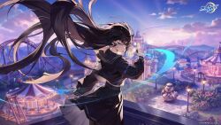 1girl absurdres amusement_park armband artist_request black_hair black_sailor_collar black_shirt black_skirt blue_eyes carousel clouds cloudy_sky commentary_request copyright_name cowboy_shot english_text fuwa_yayoi highres lamppost landscape logo long_hair looking_back midriff_peek official_art pleated_skirt riichi_city roller_coaster sailor_collar shirt skirt sky solo standing very_long_hair white_armband wind wind_lift 