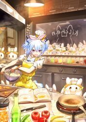  +_+ 1girl animal_ears apron banana blue_hair blue_ribbon book bottle bowl cabinet carrot_hair_ornament ceiling_light chef_hat choker commentary cooking cucumber cutting_board dress english_commentary food food-themed_hair_ornament fruit frying_pan garlic hair_ornament hair_ribbon hat highres holding holding_bowl holding_whisk hololive indoors jar kitchen kitchen_hood kitchen_knife knife ladle mini_hat mixing_bowl official_alternate_costume official_alternate_hair_length official_alternate_hairstyle olive_oil open_book open_mouth orange_eyes pancake pekomon_(usada_pekora) puffy_short_sleeves puffy_sleeves rabbit-shaped_pupils rabbit_ears rabbit_girl ribbon rolling_pin sailor_collar short_eyebrows short_hair short_sleeves smile solo stove symbol-shaped_pupils taka.yana thick_eyebrows tied_ears two_side_up usada_pekora usada_pekora_(casual) virtual_youtuber when_you_see_it whisk whisking white_choker white_dress white_sailor_collar window yellow_apron 
