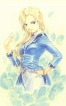  blue_eyes flower_petals glycine_bleumer highres long_hair petals sakura_taisen sakura_taisen_iii uniform 