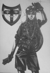  1girl absurdres black_gloves black_shirt black_shorts bordfunker133 breast_pocket commentary cross english_commentary gloves goggles goggles_on_head greyscale grin hans-joachim_marseille highres iron_cross long_hair luftwaffe marseille-chan_(bordfunker133) military military_uniform monochrome nazi original photo_(medium) pocket redesign shirt shorts sleeves_rolled_up smile soldier solo swastika white_background world_war_ii 