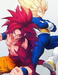  2boys armor blonde_hair blue_bodysuit body_fur bodysuit boots clenched_hands commentary_request cowboy_shot crossed_arms dragon_ball dragon_ball_daima foot_out_of_frame gloves green_eyes grey_background highres long_hair male_focus monkey_tail multiple_boys muscular muscular_male no_eyebrows ommmyoh orange_pants pants parted_lips red_eyes red_fur red_hair red_tail saiyan_armor smirk son_goku spiky_hair standing super_saiyan super_saiyan_3 super_saiyan_4 tail topless_male vegeta white_armor white_boots white_gloves 
