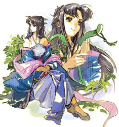  1girl absurdres bare_shoulders black_hair chinese_clothes dress hair_ornament half_updo hanfu harp highres holding holding_instrument instrument ishidayo leaf liu_mengli_(xianjian_qixia_zhuan_4) long_hair long_sleeves middle_part multiple_views off_shoulder plant shawl sitting smile white_background xianjian_qixia_zhuan xianjian_qixia_zhuan_4 