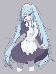  1girl absurdres apron blue_hair breasts epsilon_(kagejitsu) frills grey_background hair_between_eyes highres kage_no_jitsuryokusha_ni_naritakute! kawakami_ichiten long_hair maid maid_apron maid_headdress medium_breasts presenting simple_background solo upper_body very_long_hair violet_eyes 