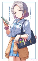  1girl absurdres bag black_choker blue_eyes blue_ribbon blue_skirt braid brown_cardigan cardigan cardigan_around_waist cellphone chain chain_bracelet character_charm charm_(object) choker clothes_around_waist commentary_request cosplay fingernails forehead gakuen_idolmaster gradient_hair grey_hair gyaru hair_ribbon half_up_braid hatsuboshi_gakuen_school_uniform highres holding holding_phone idolmaster jewelry katsuragi_lilja kogal looking_at_viewer loose_neck_ribbon multicolored_hair nail_polish neck_ribbon open_collar phone pink_hair pleated_skirt puff_of_air ribbon ribbon_braid ring school_bag school_uniform scrunchie shirt shiun_sumika shiun_sumika_(cosplay) short_hair skirt smartphone solo translation_request twitter_username white_background white_shirt wrist_scrunchie yugao_(kam_pom37) 