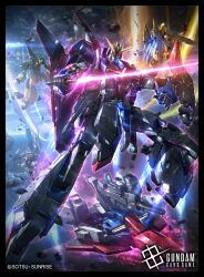  absurdres aeug asteroid beam_rifle commentary_request company_name copyright_logo copyright_notice energy_gun energy_sword exhaust flying full_body glowing glowing_eyes green_eyes gun gundam gundam_card_game gundam_mk_ii highres holding holding_gun holding_sword holding_weapon hyaku_shiki logo mecha mecha_focus methuss mobile_suit no_humans raruru robot science_fiction solo_focus space spacecraft starfighter sunrise_(company) super_gundam sword v-fin wave_rider weapon zeta_gundam zeta_gundam_(mobile_suit) zeta_gundam_define 