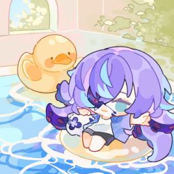  1boy alternate_costume black_shorts blue_hair chibi colored_tips commentary cracked_skin floating full_body galaxy green_eyes highres hollow_body hoshirube_sho innertube jacket looking_at_viewer male_focus multicolored_hair nijisanji open_mouth otomo_(hoshirube_sho) pool purple_hair purple_jacket rubber_duck shirt shorts shuxingbuming_moxiaobai smile solo swim_ring tentacle_hair virtual_youtuber water white_shirt window 