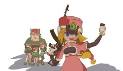  2girls 3boys assault_rifle blonde_hair blue_eyes character_request commentary_request cropped_jacket gun hat high-waist_shorts highres holding holding_gun holding_phone holding_weapon jacket jerrrysam2007 long_hair mega_man_(series) mega_man_zx multiple_boys multiple_girls open_mouth phone pink_hat pink_jacket pink_shorts prairie_(mega_man) rifle selfie shako_cap shorts simple_background smile solo_focus weapon white_background 