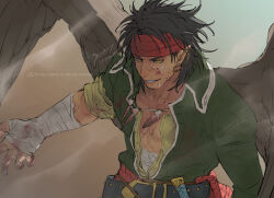  1boy 91007 bird_boy brown_wings commentary_request cross_scar feather_necklace feathered_wings fire_emblem fire_emblem:_radiant_dawn headband highres jewelry necklace pectorals red_headband scar scar_on_chest scar_on_face spread_wings tibarn_(fire_emblem) wings 