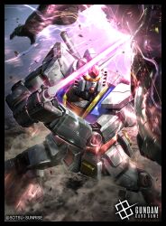  absurdres battle commentary_request company_name copyright_logo copyright_name copyright_notice debris dust_cloud electricity energy_sword glowing glowing_eyes gundam gundam_card_game highres holding holding_sword holding_weapon legs_apart logo mecha mecha_focus mobile_suit mobile_suit_gundam no_humans official_art raruru robot rx-78-2_gundam science_fiction solo_focus sparks standing sunrise_(company) sword v-fin weapon yellow_eyes zaku_ii 