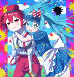 2girls apron artist_name blue_dress blue_hair blue_sky commentary dress drill_hair english_commentary gloves han_fridge hat hatsune_miku highres holding_another hug hug_from_behind kasane_teto kasane_teto_(sv) kepi long_hair looking_at_viewer mesmerizer_(vocaloid) military_hat multiple_girls open_mouth pants pinstripe_hat red_hair red_pants short_sleeves sky smiley_hat_ornament striped_clothes sweat sweatdrop synthesizer_v twin_drills twintails visor_cap vocaloid waist_apron yellow_gloves
