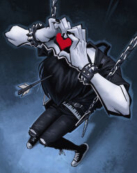  1boy angusburgers arrow_(projectile) arrow_in_body arrow_in_head black_hair black_shirt bracelet colored_skin commentary emo_fashion english_commentary full_body heart heart_hands highres injury jewelry object_through_head on_swing pants shirt shoes short_hair sneakers spiked_bracelet spikes swing torn_clothes torn_pants white_skin 