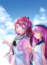  2girls :d ascot bag black_ascot blue_eyes blue_sailor_collar blue_sky blunt_bangs blush center-flap_bangs cherry_blossom_print clouds commentary cowboy_shot cumulonimbus_cloud day downturned_eyes dress floral_print floral_print_kimono from_side hair_between_eyes hair_ornament hairclip handbag hands_up happy hat highres holding_hands index_finger_raised interlocked_fingers japanese_clothes kamiyama_shiki katou_umi kimono kurage_(kurage19) long_hair long_sleeves looking_at_another multiple_girls open_clothes open_kimono open_mouth outdoors parted_lips pink_hair pink_kimono pointing pointing_forward ponytail print_kimono profile red_hair ribbon sailor_collar sailor_dress sailor_hat school_uniform serafuku shirt skirt sky sleeveless sleeveless_dress smile straight_hair summer_pockets summer_pockets_school_uniform symbol-only_commentary tassel tassel_hair_ornament very_long_hair white_dress white_hat white_sailor_collar white_serafuku white_shirt white_skirt wide_sleeves yellow_ribbon 