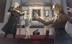  5girls absurdres albert_speer artist_name blonde_hair blue_eyes bow_(music) breasts brown_eyes brown_hair brown_necktie brown_pantyhose brown_shirt brown_skirt chinese_commentary commentary_request dress genderswap genderswap_(mtf) grey_dress grey_shirt grey_shoes grey_skirt hat hearts_of_iron heinrich_luitpold_himmler hermann_wilhelm_goering highres holding holding_instrument holding_pen holding_violin instrument long_hair long_sleeves martin_ludwig_bormann medium_breasts military_uniform multiple_girls music nazi necktie pantyhose peaked_cap pen playing_instrument playing_piano reinhard_tristan_eugen_heydrich shirt shoes short_hair skirt translation_request twintails user_mjrr2442 violin volkshalle 