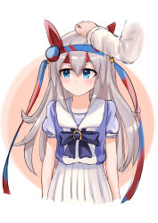  1girl 1other absurdres animal_ears blue_eyes blue_hairband blush bow bowtie closed_mouth commentary_request dot_mouth ear_covers grey_hair hair_between_eyes hairband headband headpat highres horse_ears horse_girl long_hair multicolored_hairband ooeyama pleated_skirt puffy_short_sleeves puffy_sleeves purple_bow purple_bowtie purple_shirt red_headband sailor_collar sailor_shirt school_uniform shirt short_sleeves skirt smile striped_clothes striped_hairband tamamo_cross_(umamusume) tracen_school_uniform two-tone_hairband umamusume very_long_hair white_sailor_collar white_shirt white_skirt 