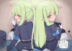  2girls absurdres blue_archive commentary doodle_sensei_(blue_archive) gloves green_hair halo high_(hgih) highres hikari_(blue_archive) long_hair multiple_girls nozomi_(blue_archive) pointy_ears sensei_(blue_archive) skirt tail white_gloves 