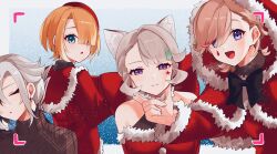  2boys 2girls :d :o animal_ear_fluff animal_ears aqua_streaks arlecchino_(genshin_impact) beret black_bow black_bowtie black_hair blonde_hair blue_eyes blunt_bangs blush border bow bowtie brother_and_sister brothers capelet cat_ears closed_eyes closed_mouth commentary_request crossed_bangs dress earrings facial_mark freckles freminet_(genshin_impact) fur-trimmed_capelet fur-trimmed_dress fur-trimmed_hood fur-trimmed_sleeves fur_trim genshin_impact grey_hair hair_between_eyes hair_bow hair_over_one_eye hand_on_another's_chin hat highres hood hood_up hooded_capelet huge_bow jacket jewelry long_hair long_sleeves looking_at_viewer looking_back low_ponytail lynette_(genshin_impact) lyney_(genshin_impact) multicolored_hair multiple_boys multiple_girls nekorin_chu one_eye_covered open_mouth outside_border parted_bangs pom_pom_(clothes) ponytail red_bow red_capelet red_dress red_hat red_jacket red_streaks short_hair siblings sidelocks smile star_(symbol) star_facial_mark streaked_hair swept_bangs teardrop_facial_mark twins upper_body viewfinder violet_eyes watermark white_border white_hair 