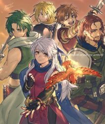  1girl 4boys 91007 bird blonde_hair blue_eyes blue_scarf brown_hair commentary_request edward_(fire_emblem) facial_hair fire_emblem fire_emblem:_radiant_dawn goatee green_hair highres leonardo_(fire_emblem) looking_at_viewer micaiah_(fire_emblem) multiple_boys nolan_(fire_emblem) pantyhose scarf sothe_(fire_emblem) white_hair yellow_background 