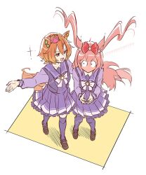  2girls agnes_digital_(umamusume) animal_ears blush bow bowtie breasts commentary_request crown domdam80 full-face_blush hair_between_eyes hair_bow horse_ears horse_girl horse_tail long_hair long_sleeves mini_crown multiple_girls open_mouth orange_hair orange_tail pink_crown pink_hair pleated_skirt purple_sailor_collar purple_serafuku purple_shirt purple_skirt purple_thighhighs red_bow sailor_collar sailor_shirt school_uniform serafuku shirt shoes short_hair skirt smile t.m._opera_o_(umamusume) tail thigh-highs tracen_school_uniform umamusume violet_eyes white_bow white_bowtie 