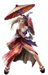  1girl blonde_hair breasts cleavage female fighting_stance full_body geta hair_ornament highres holding japanese_clothes kimono large_breasts legs lips long_hair no_legwear no_socks official_art oriental_umbrella platform_footwear sandals sc4 setsuka shoulder_tattoo simple_background solo soul_calibur soul_calibur_iv soulcalibur soulcalibur_iv tattoo toes umbrella white_background wide_sleeves 