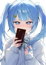  1girl absurdres arahashi_tabi blue_eyes blue_hair blush bow bowtie candy chocolate chocolate_bar chunsick_lee commentary_request covered_mouth food grey_bow grey_bowtie hair_ornament hairclip highres holding holding_chocolate holding_food korean_commentary plaid_bow plaid_bowtie plaid_clothes playing_with_own_hair sailor_collar shirt simple_background solo stellive twintails virtual_youtuber white_background white_day white_sailor_collar white_shirt 