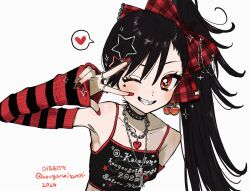  1girl 2026 ;d arm_behind_back arm_warmers artist_name asymmetrical_bangs bare_shoulders black_arm_warmers black_camisole black_choker black_hair black_lace_trim blush bow breasts camisole chain chain_necklace cherry_earrings choker closed_eyes clothes_writing collarbone commentary_request crop_top cross cross_necklace earrings facial_mark fangs fingernails food-themed_earrings gem grin hair_bow hair_ornament heart heart_necklace highres idol jewelry lace lace-trimmed_bow lace_trim large_bow latin_cross long_fingernails long_hair looking_at_viewer midriff multiple_rings nail_art necklace okanadamo one_eye_closed original parted_bangs plaid_bow print_camisole punk raised_eyebrow red_arm_warmers red_bow red_eyes red_gem red_nails red_trim ring shoulder_blush side_ponytail simple_background sleeves_past_wrists small_breasts smile solo spaghetti_strap sparkle spiked_choker spikes spoken_heart star_(symbol) star_facial_mark star_hair_ornament striped_arm_warmers tsurime twitter_username two-tone_arm_warmers upper_body v v_over_eye white_background 