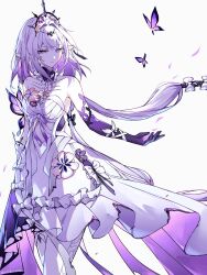  1girl animal_print bow breasts burnt_clothes butterfly_print butterfly_wings castorice_(honkai:_star_rail) collar commentary_request dress earrings elbow_gloves floral_print flower frilled_collar frilled_dress frills gloves hair_flower hair_ornament highres honkai:_star_rail honkai_(series) insect_wings jewelry long_hair nirako_mona pointy_ears purple_hair ribbon thigh-highs tiara very_long_hair violet_eyes white_background wings 