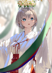 1girl arm_up bell blue_eyes blurry blurry_background blurry_foreground breasts commentary_request depth_of_field earrings flower grey_hair hair_between_eyes hair_ornament hakama hakama_skirt japanese_clothes jewelry jingle_bell jonsun kanzashi kimono medium_breasts miko original parted_lips red_hakama riku_(jonsun) short_hair signature skirt solo white_flower white_kimono 